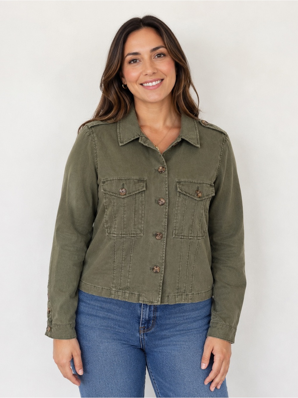 PAIGE Women’s Army Green Military Utility Jacket Button Front Size Large